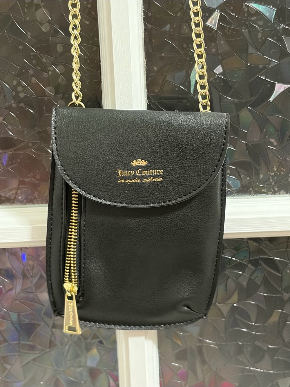 Juicy Couture Black Phone Crossbody Purse Gold Chain Strap Mini Bag
